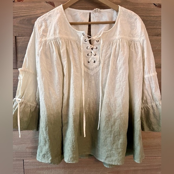POL Tops - POL GRUNGE BOHO TOP SMALL NATURAL COTTON GREEN OMBRE
